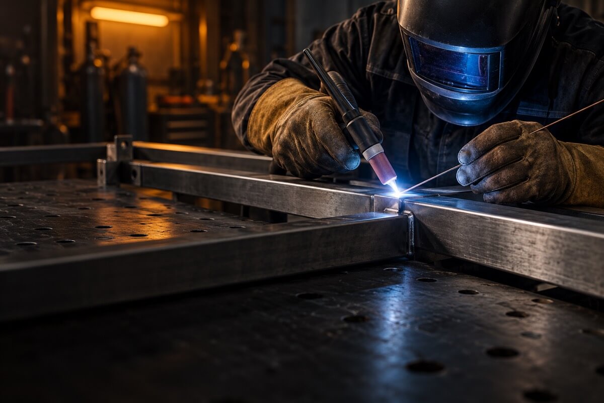 Kaitsemaskiga keevitaja teeb täpset TIG-keevitust metallraami ühendusel.